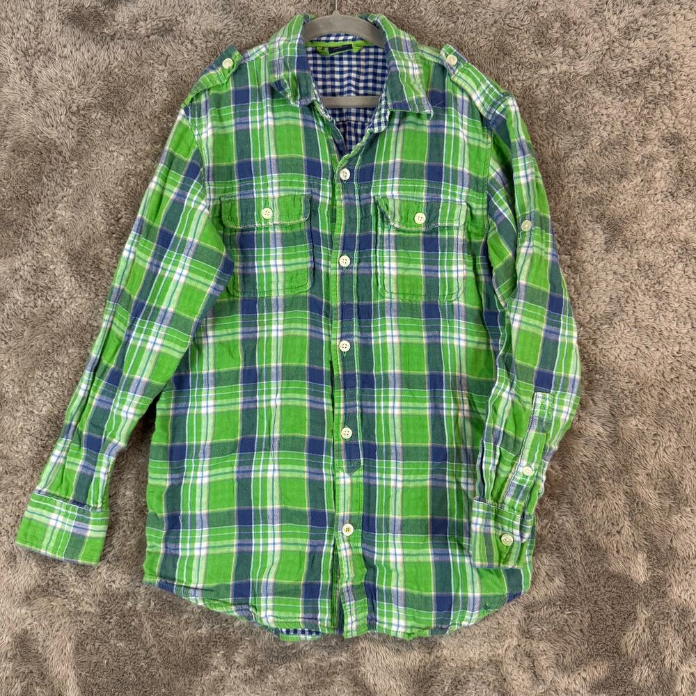 Gap Kids Double Weave Green Plaid button Down Shirt L 10 Boys Convertible